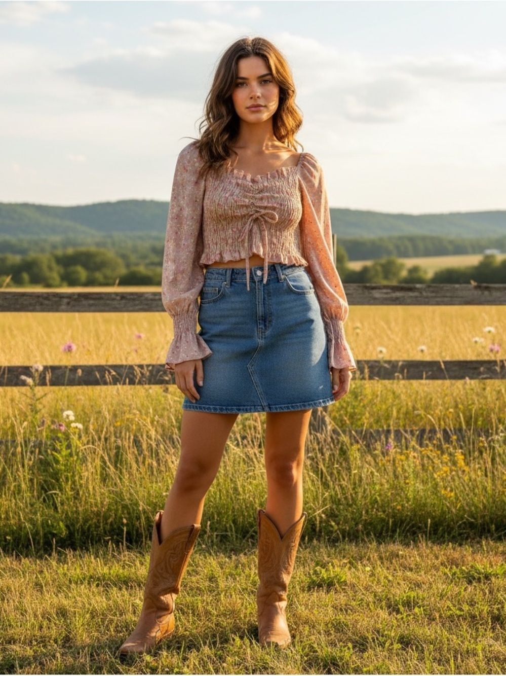 Floral Smocked Long-Sleeve Milkmaid Crop Top - Pink